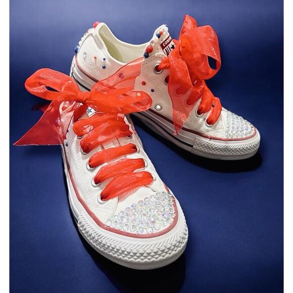 Converse Chuck Taylor Custom Bedazzled Patriotic Red White Blue USA M5 W7 - Picture 1 of 12